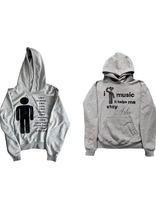 Printing Gray Hooded Sweatshirt Y2K Men Women Streetwear