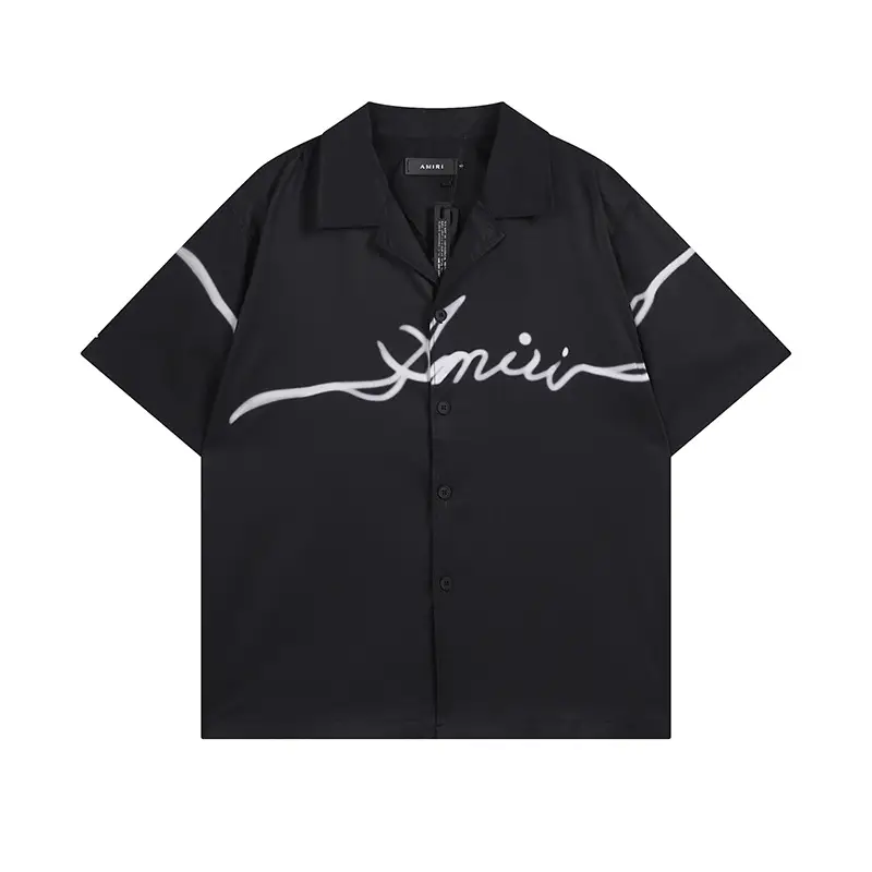 Cross-border European and American fashion brand amri micro logo signature letter design casual short sleeve shirt men's and women's American high street shirt