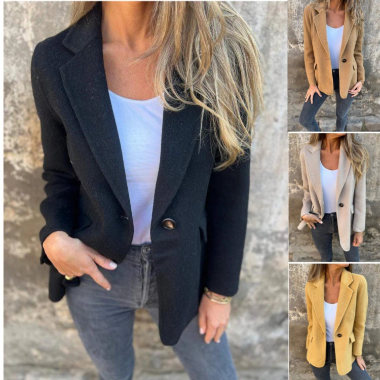 2024 Cross-border Autumn and Winter Independent Station Foreign Trade Europe and the United States Autumn and Winter Leisure Buttons Solid Color Woolen Coat Jacket Women's Wear