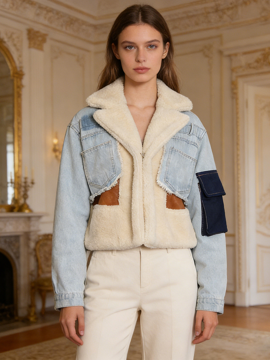 Guan Xiaotong's Same Style 2026 Spring New Thickened Denim Patchwork Lamb Wool Lapel Cotton Jacket for Women