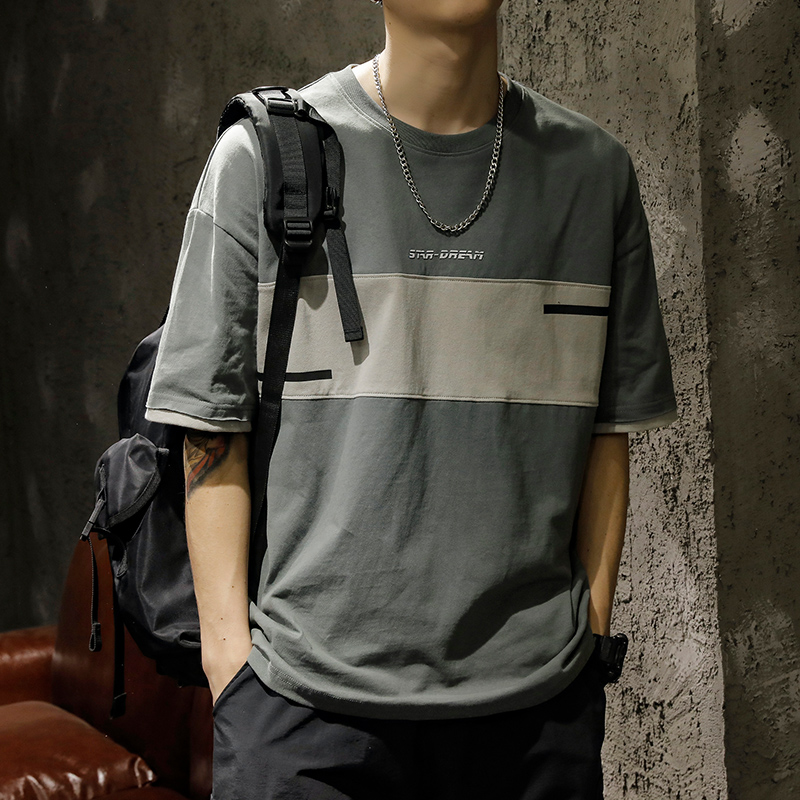 Trendy Brand T-Shirt Men's Summer Loose Plus Large Size Men's Short-Sleeved Stitching Half-Sleeved T-Shirt Top
