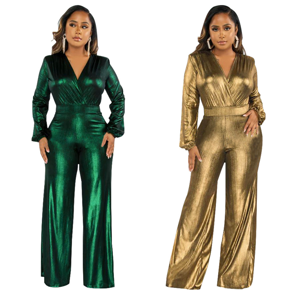 K10317 European and American Cross-Border Women's Clothing Amazon Autumn Hot-Selling Fashion Sexy V Lantern Sleeve Gold Foil Jumpsuit