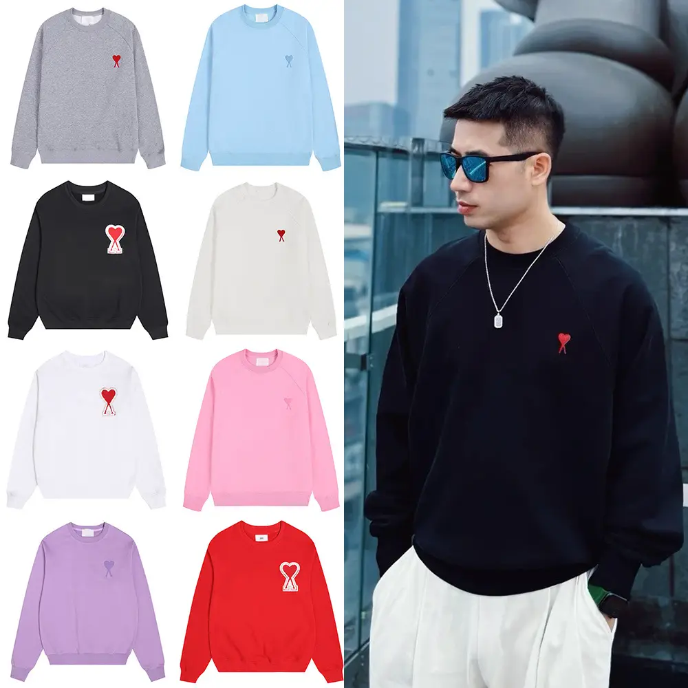 AMI CLAMS Fall Personalized Love Towel Embroidery Round Neck Pullover Sweatshirt Men's and Women's Couple Long Sleeve Top