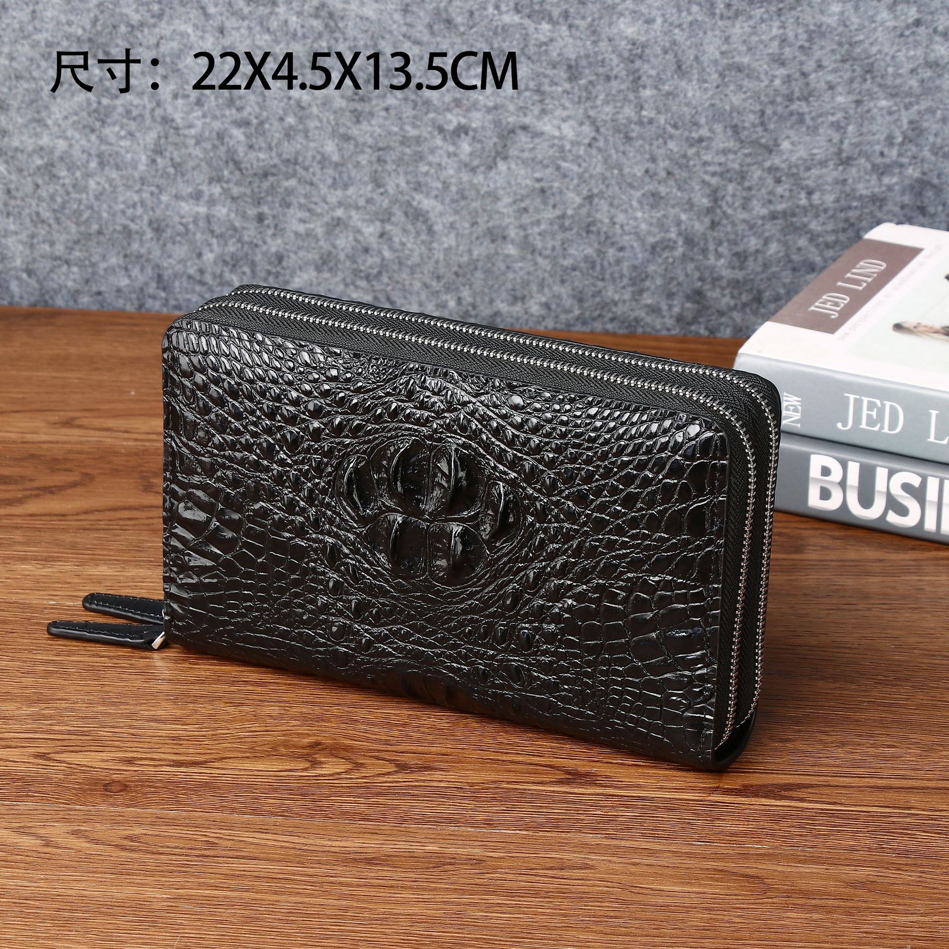 Crocodile Fish Bone Pattern Men's Double Zipper Handbag Large Capacity Clutch Multi-Card Holder Wallet Genuine Leather Multi-Function Handbag Trendy