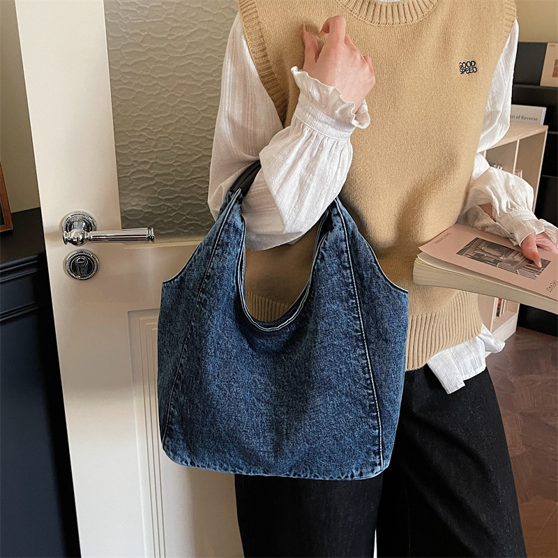 Cross-Border New Style Japanese and Korean Washed Denim Tote Bag for Women, Large Capacity Vintage Shoulder Bag, Versatile Commuter Underarm Bag