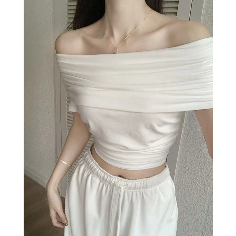 Off-The-Shoulder Stunning Knit Top 1688 Summer New Slim-Fit Slimming Sexy Short-Sleeve Women's T-Shirt Trendy