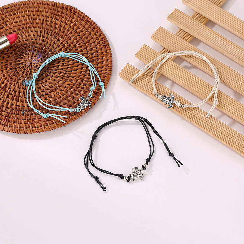 Europe and the United States cross-border new vintage hemp rope turtle anklet hand woven ancient silver Turtle Beach anklet women Wholesale