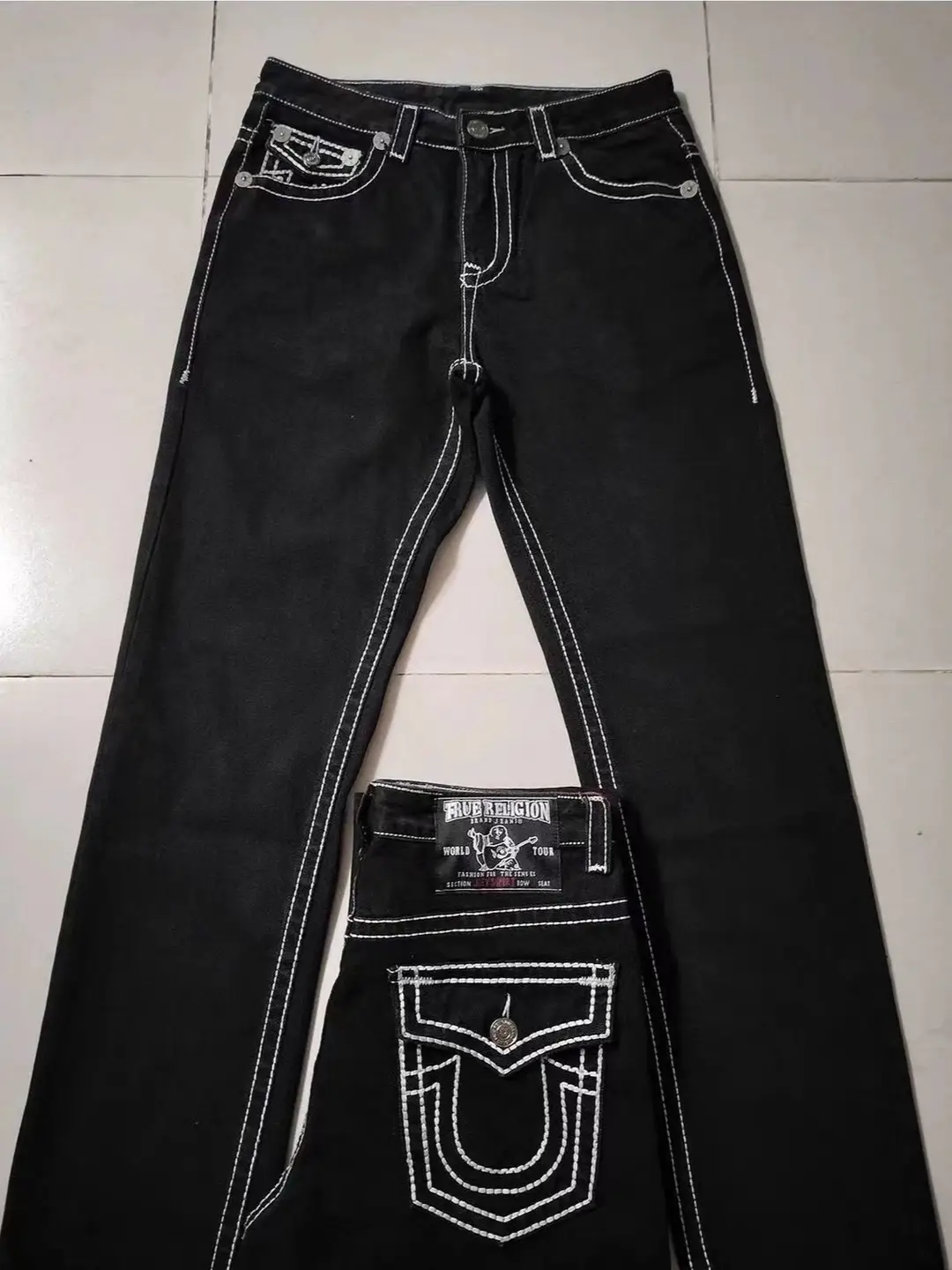 American Style Trendy Brand True Jeans Men's Religious Big Buddha Faith plus size Thick Line Straight Casual High Street Jeans