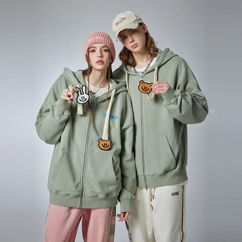 Guuka&Agaho Joint American Style Heavy weight Cardigan Sweatshirt Men Bear Drawstring Outwear pure color Hoodie Loose