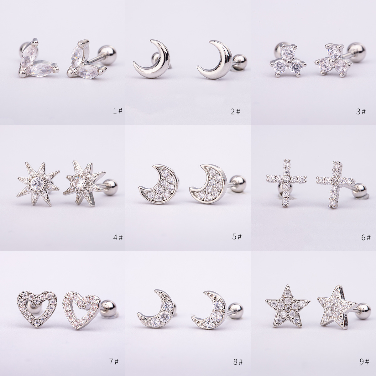 316L titanium steel copper gold-plated ear bone stud moon cross earrings piercing jewelry lip stud ear bone stud