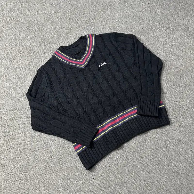 Corteiz American retro Fall and winter Unisex letter Embroider Cable Stitch Contrast Color Design V-Neck Knitwear Sweater