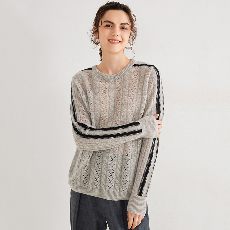 Autumn and Winter New 100% Pure Cashmere Sweater Women's Contrast Casual Shoulder Top Comfortable Fabric