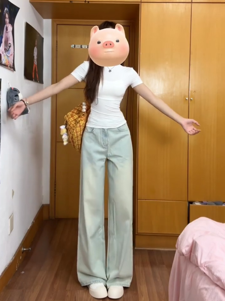 Light Color Micro-flare Jeans Women's Spring and Autumn 2024 New American Style Retro Short Wide-leg Ice Silk Straight Pants