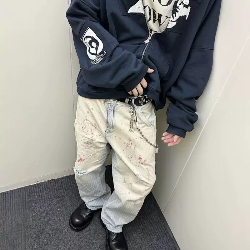 ERD 忧郁的富二代血渍涂鸦泥染做旧褪色浅蓝刀割牛仔裤capper同款