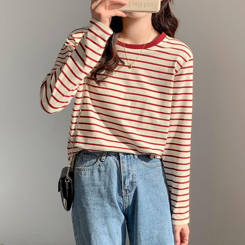 Women's Pure Cotton T-Shirt 2026 Spring New Style Striped Long-Sleeve Stylish Inner Wear Round Neck Base Shirt Loose Casual Top