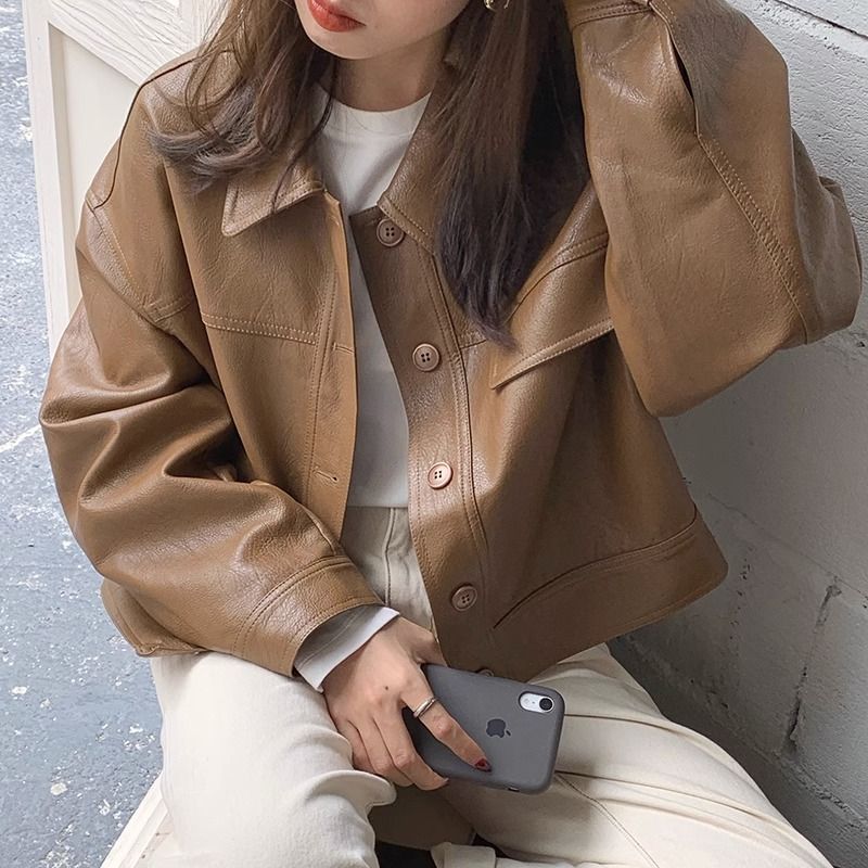 European Brown Leather Coat Women's Spring and Autumn 2025 New Retro Popular pu Leather Short Jacket High-end Sense Small
