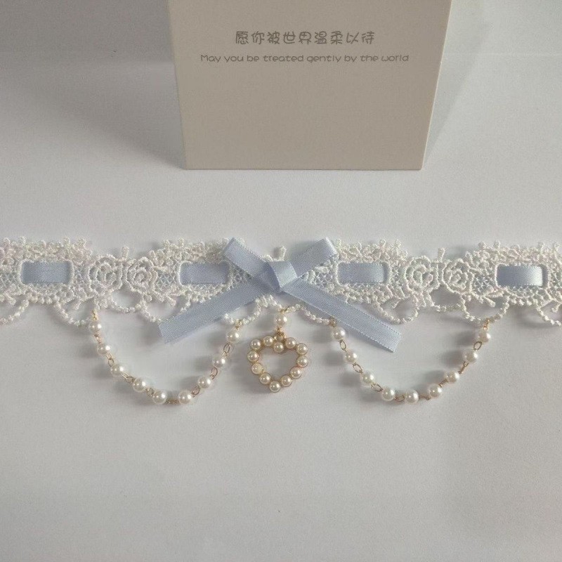 Soft Girl Lolita Choker Necklace White Lace Pearl Heart Choker Girly Lolita Collarbone Necklace