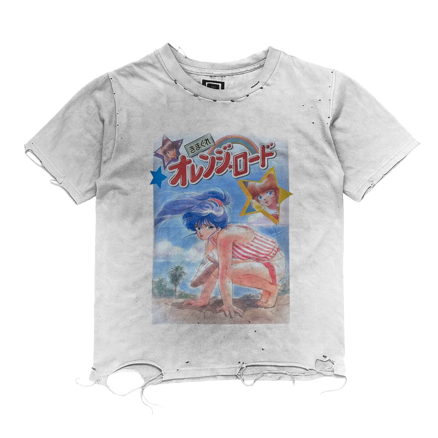 Lightweight homemade washed handmade distressed version Cheng Lu retro vintage anime love short sleeved T-shirt