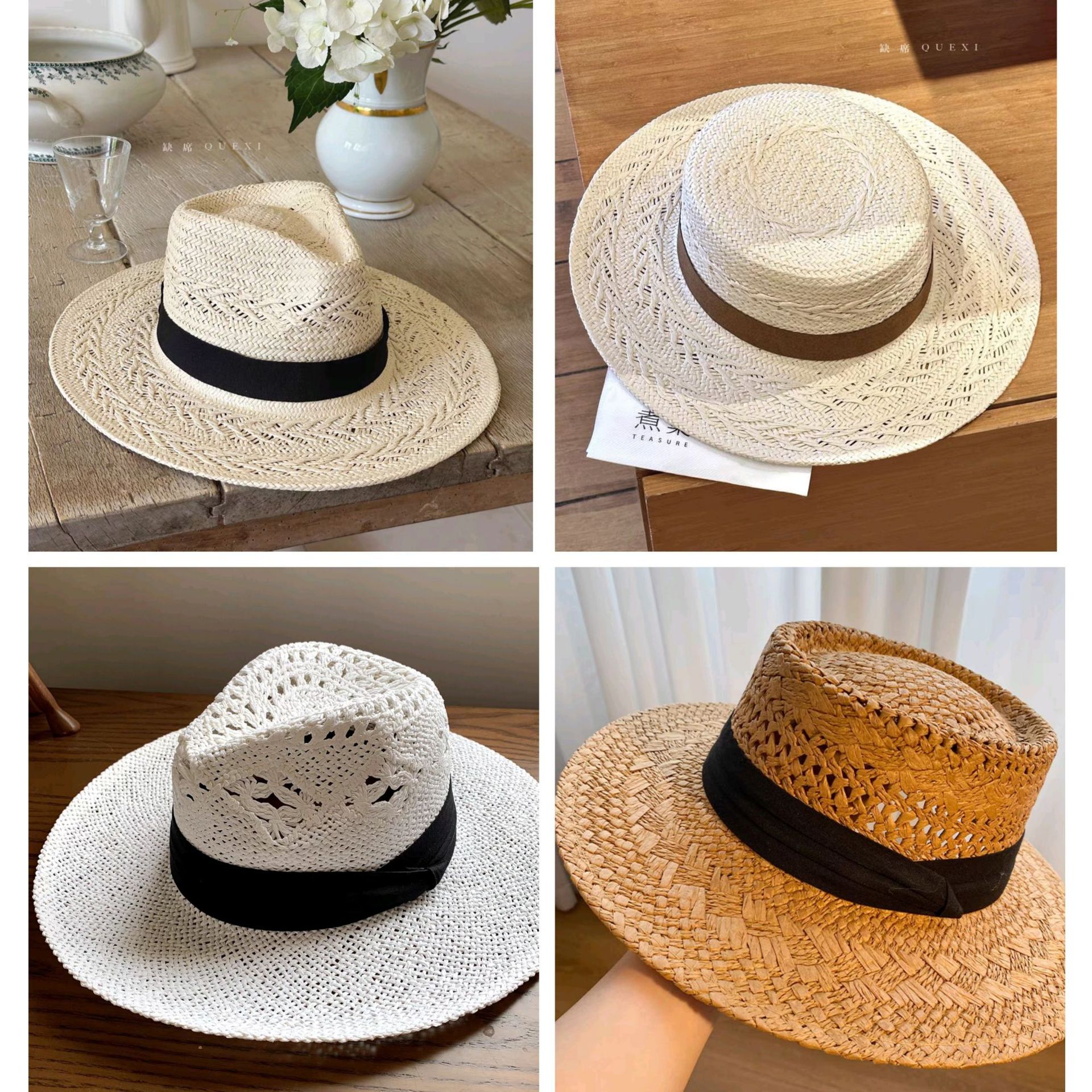 Purely Handmade Straw Hat for Women, New Style, Old Money Style, French Hat, Seaside Vacation, Cut Out Woven Flat Top Sun Protection Hat, Large Size