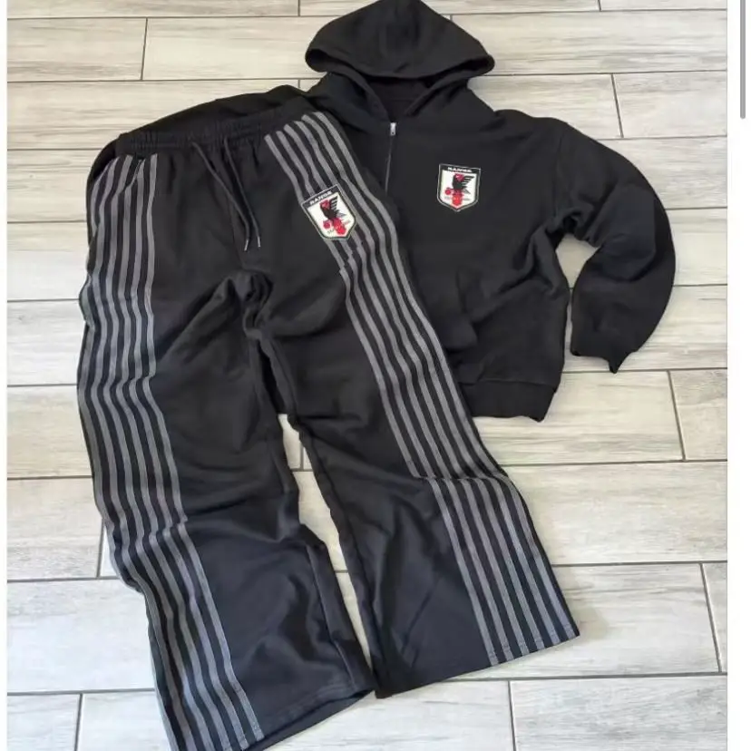 Cross-Border Cotton Embroidered Badge Striped Pants Zipper Hoodie Loose Casual Sports Suit Sporty Style