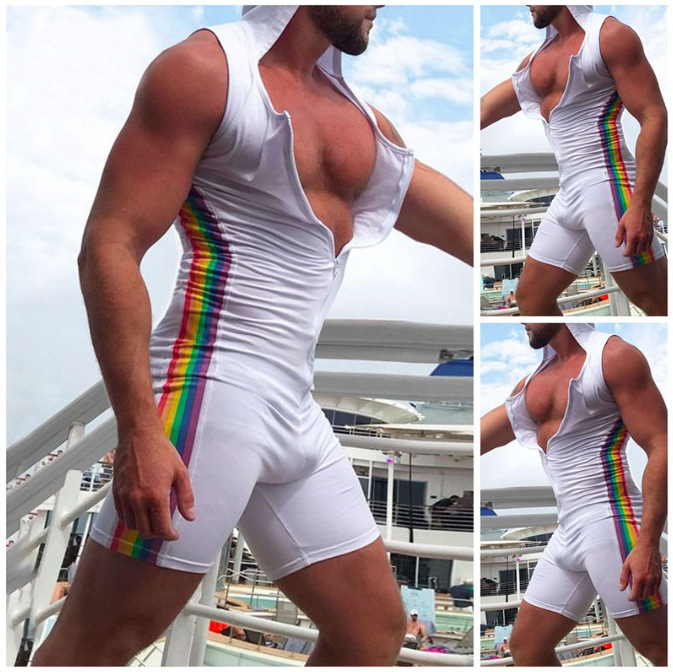 2026 Cross-Border European and American Men's Summer Sexy Sportswear Quick-Dry Jumpsuit Tight-Fitting Hooded Fitness Sexy One-Piece