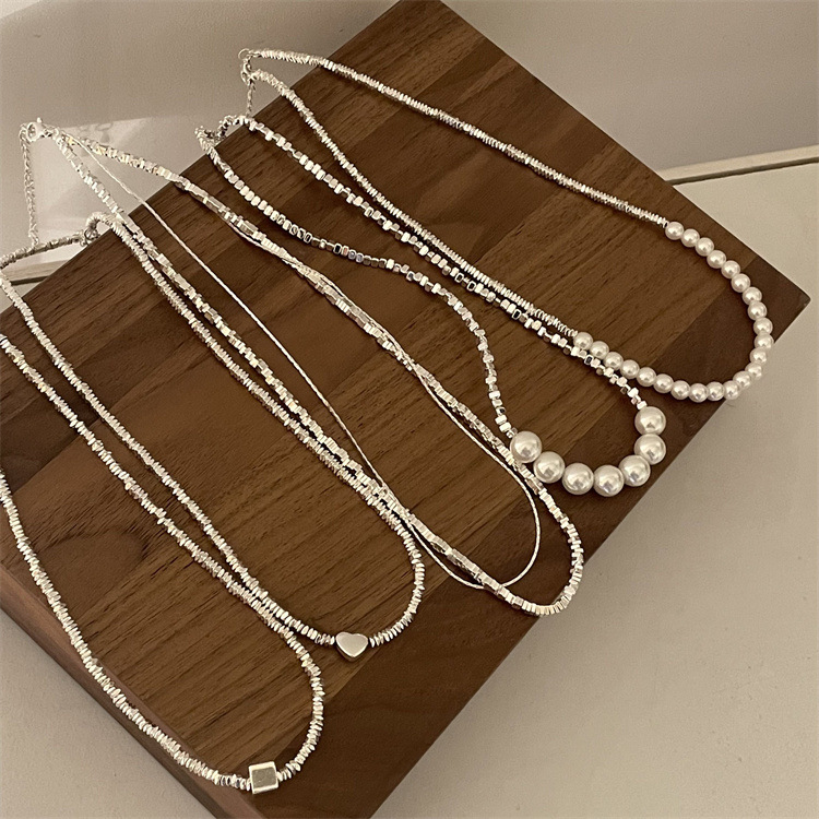Geometric broken silver square heart necklace niche design light luxury all-match irregular cutting clavicle chain stacked wear