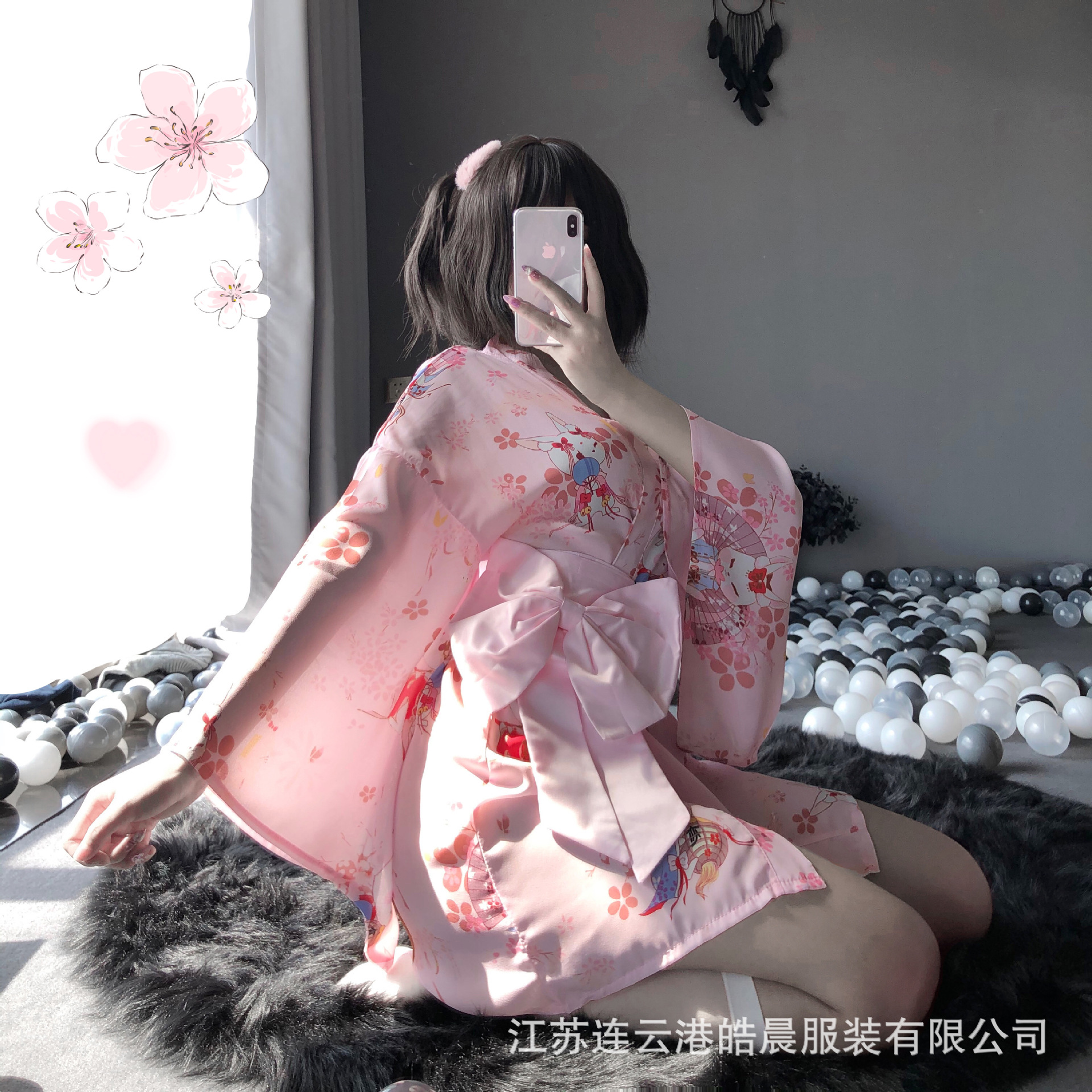 Lin Lin Ting Sexy Lingerie Women's Sexy Pink Japanese Style Printed Kimono Bathrobe Set Dropshipping 1141