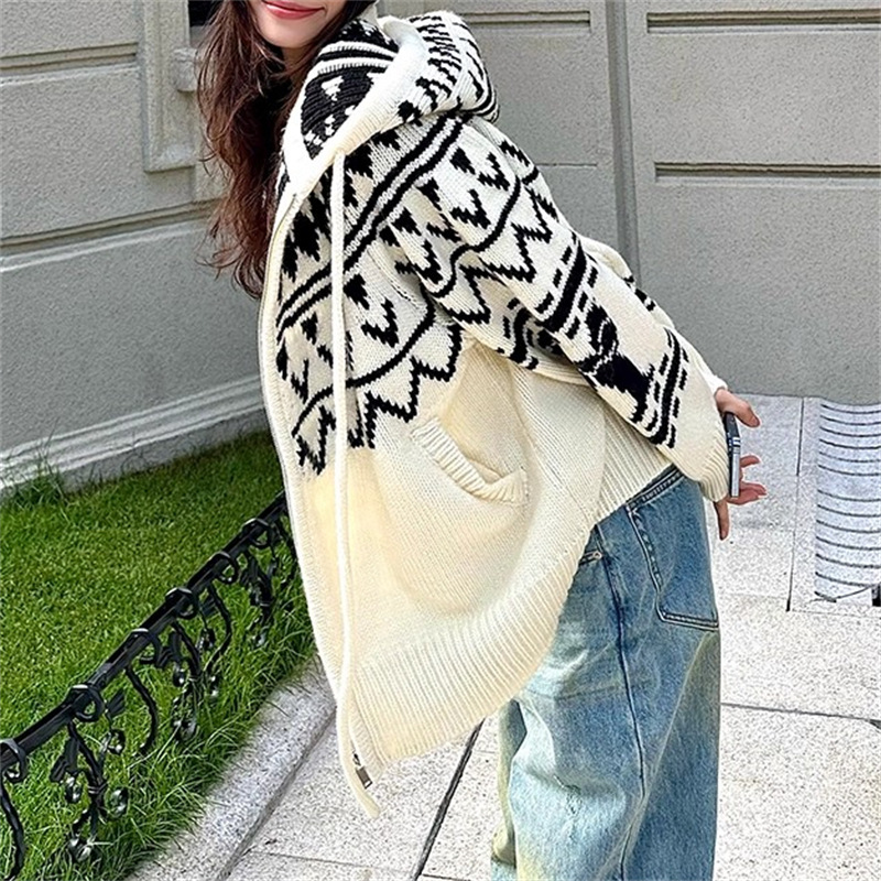 Fair Isle Retro Jacquard Contrasting Hooded Sweater Jacket for Women in Autumn and Winter New Elegant Versatile Lazy Knitted Cardigan