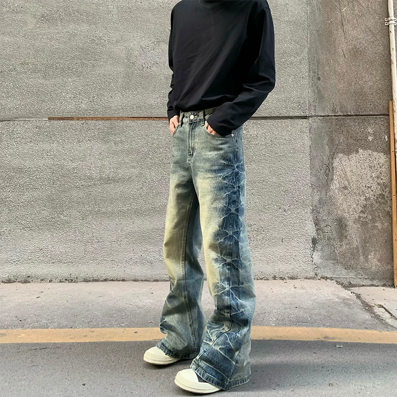HY711 dirty wash tie dye water ripple straight tube slightly flared jeans for men and women, American style vintage loose pants