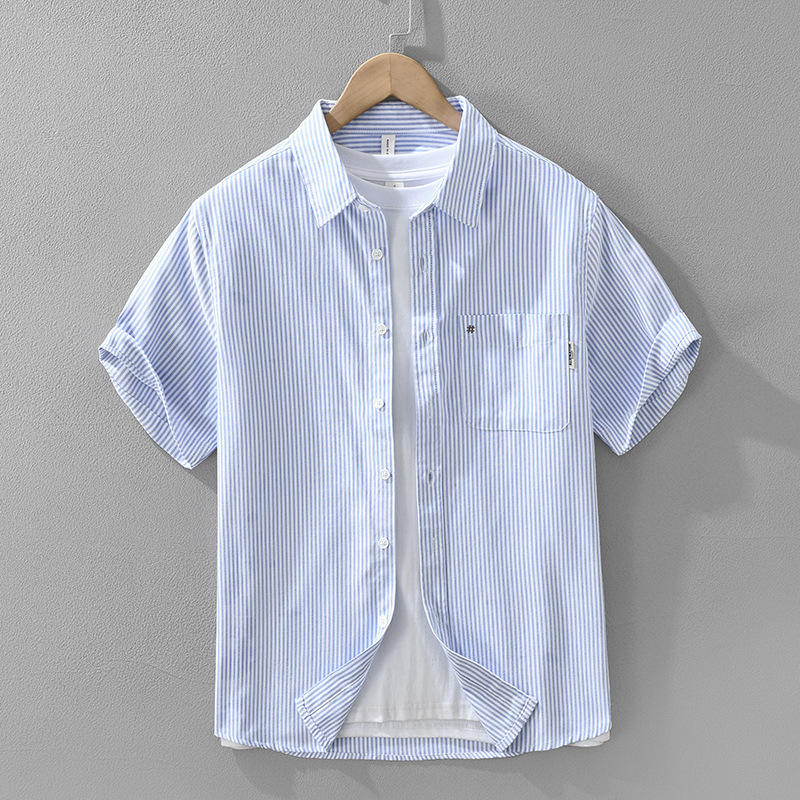 8156 Japanese-Style Oxford Striped Short-Sleeve Shirt for Men, Fashionable Versatile Artistic Casual Loose Top, Available for Wholesale