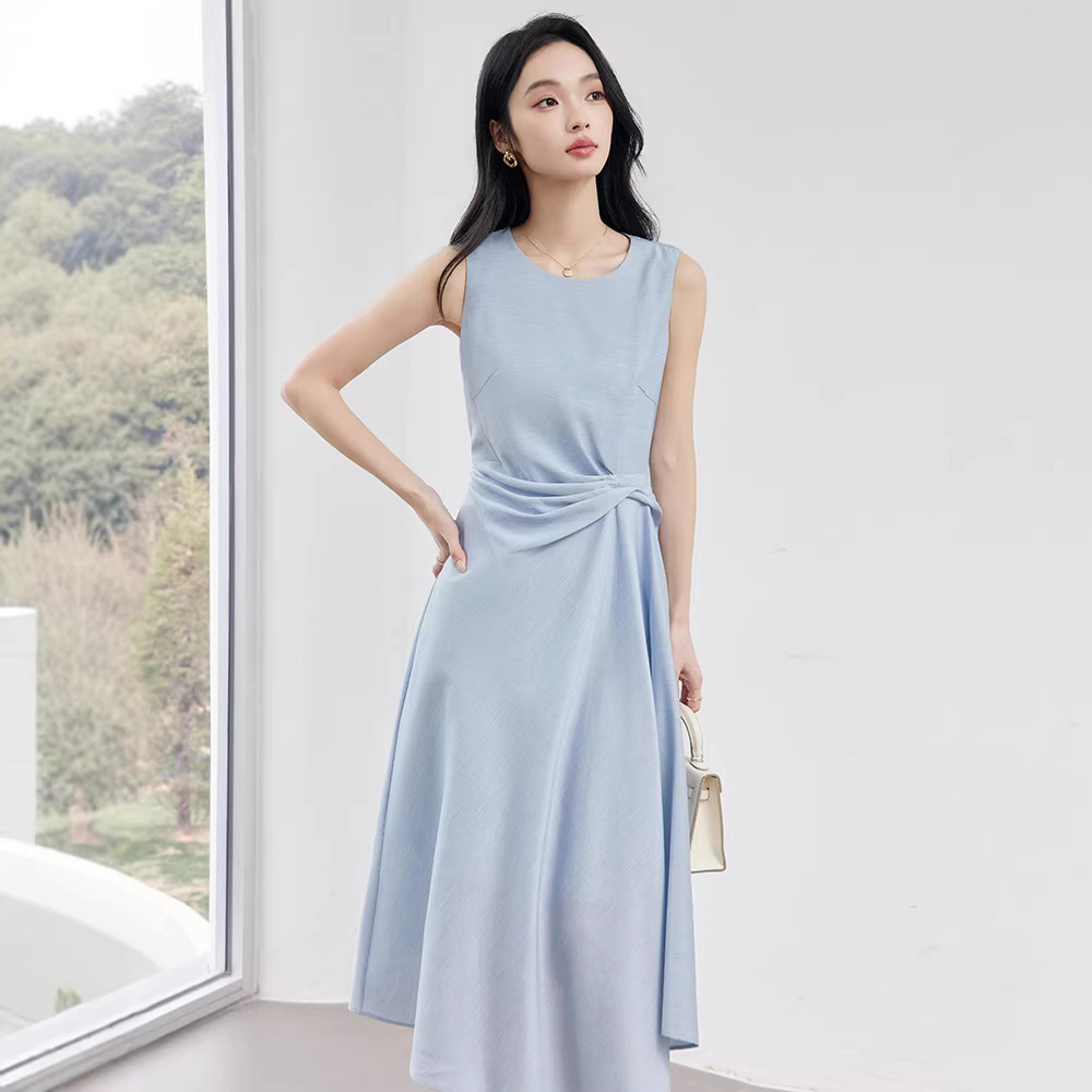 Tencel Linen French-Style Sleeveless Dress for Women, New Summer Model, Waist-Cinching, Slimming, Elegant Blue Design Tank Dress
