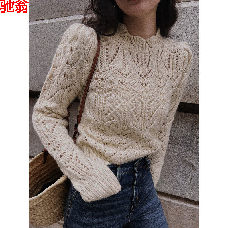 W9Q Hollow Pullover Sweater Women's Inner Design Niche Handmade Crochet Gentle Knitwear Short Shoulder Pad