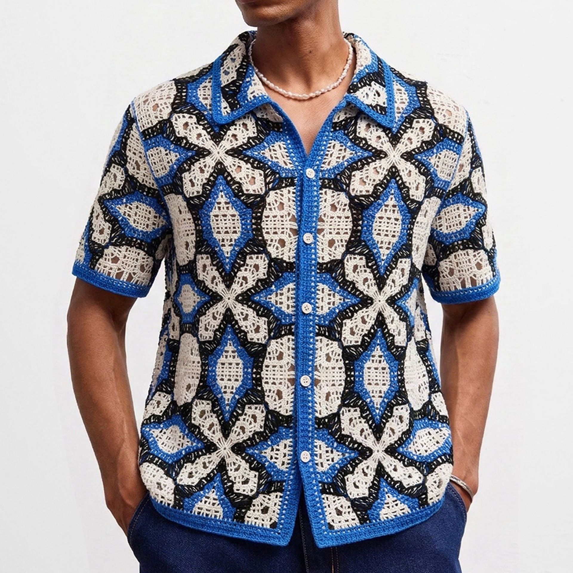 European and American Style Geometric Jacquard Hollow-Out Knitted Polo Shirt with Hand-Crocheted Flowers, Short-Sleeved Summer Vacation Cardigan for Men Sy0136