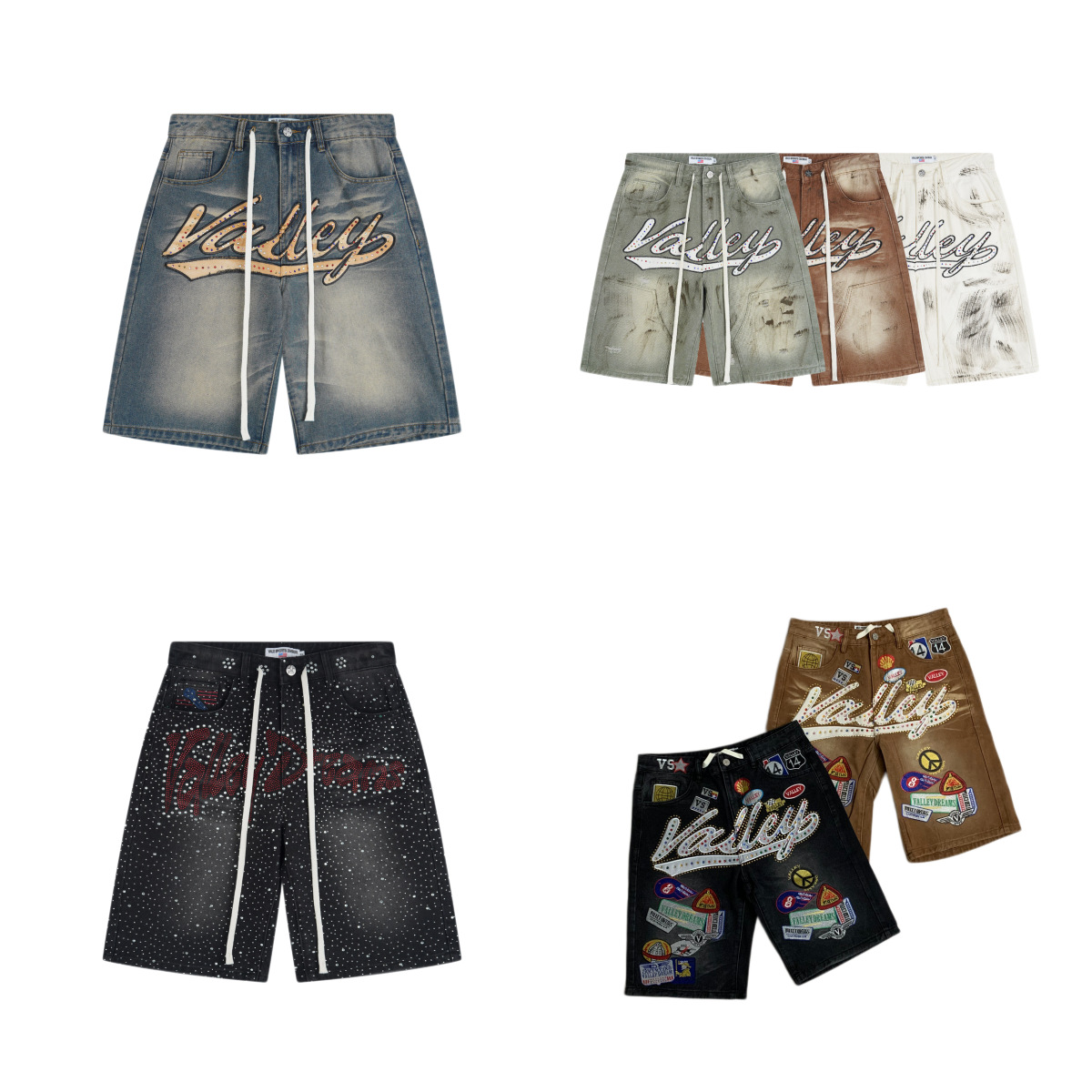 Vale Valley Forever Trendy High Street Embroidered Rhinestone Letter Washed Vintage Casual Denim Shorts QC-Foto von 1688 auf Qualit.ly