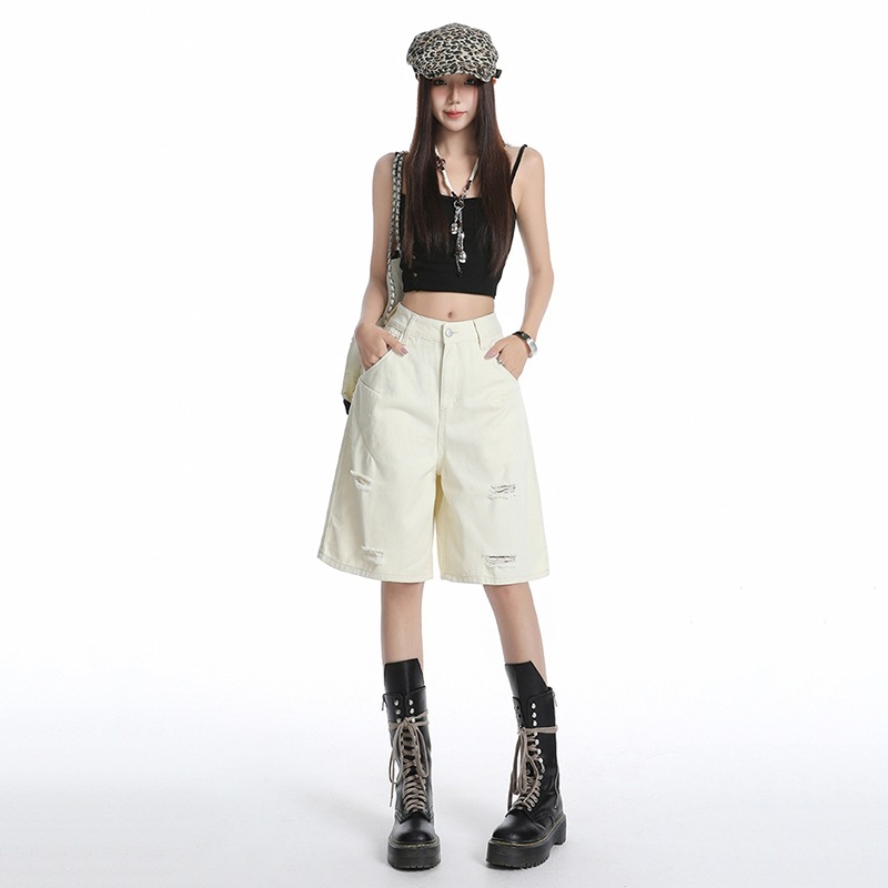 American-Style Ripped Jeans, Summer Loose and Versatile Denim Shorts for Women, Summer Fashion Straight-Leg Wide-Leg Denim Shorts