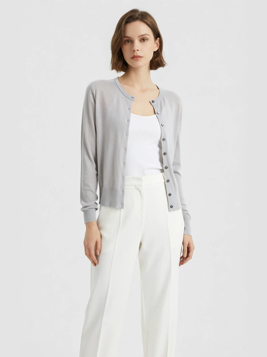 Ourofeng Round-Neck Lightweight Silk Knit Cardigan for Women, 2026 Summer New Style, Long-Sleeve Simple Slim-Fit Top Jacket