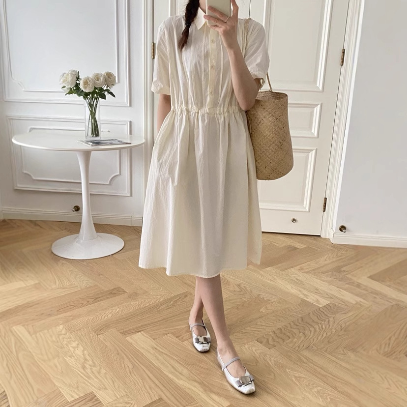 Solid Color dress Women's Summer 2025 New Drawstring Tight Waist Shirt Dress Slimming Elegant Casual Mid-length Skirt