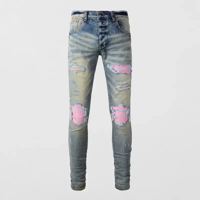 High street fashion fashion brand men's jeans vintage blue skinny red leather patch men's jeans wholesale