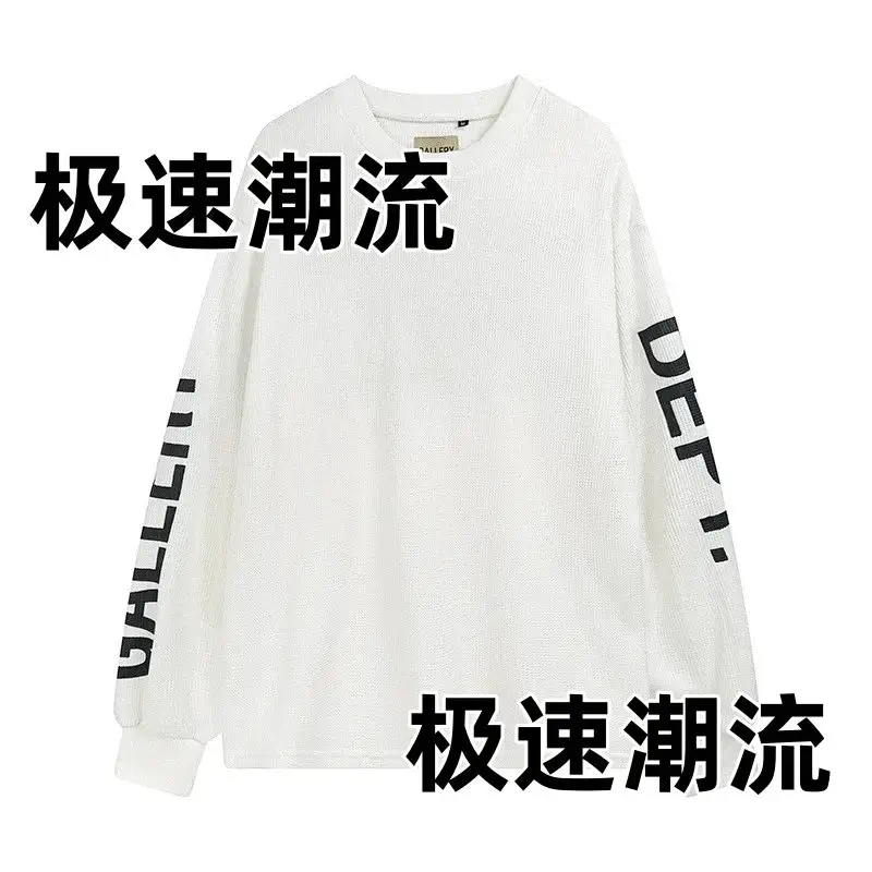 Waffle fabric letter print loose round neck long sleeve t-shirt