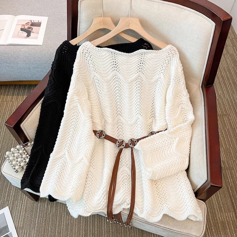 Spring and Autumn Mid-length Loose Open-shoulder Soft Waxy Sweater Gentle Style Lace off-shoulder Pullover Sweater for Women