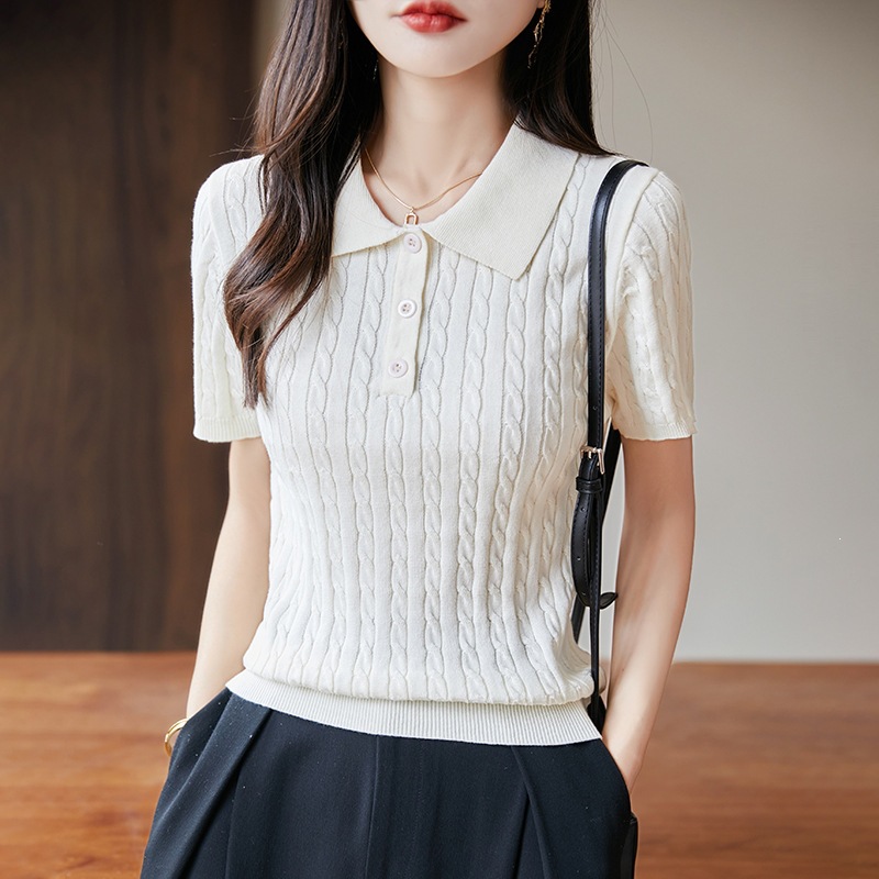 New Style Pure Cotton Simple Cable Knit Short-Sleeve Women's Polo Pure Cotton Turn-Down Collar Knit Top Half-Sleeve Sweater for a Stylish and Professional Look