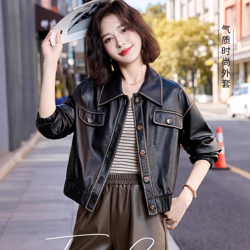 All-Net Low Price Spring and Autumn Leather Jacket Jacket Coat Short Trendy Women's Clothing Small Retro PU Biker All-Match