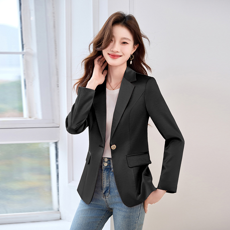 Black Acetate Satin Suit Jacket for Women 2025 New High-End Goddess Style Petite Formal Suit Top