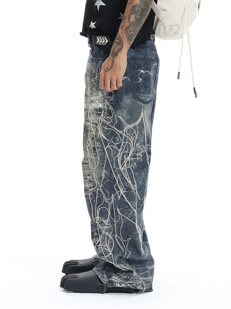Dnd4des Silk Hole Pants American Street Ripped Spider Silk Embroider Digital Printed Pants Straight-leg Denim