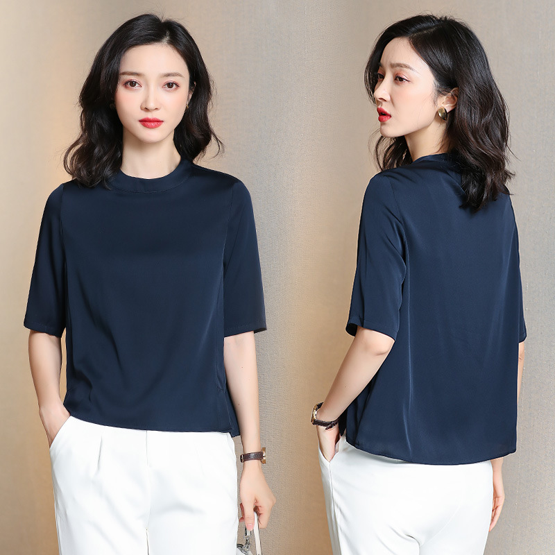 Authentic High-end Heavy Silk Shirt Women's Short-sleeved 2025 Summer New Mulberry Silk T-shirt Solid Color Draped Top