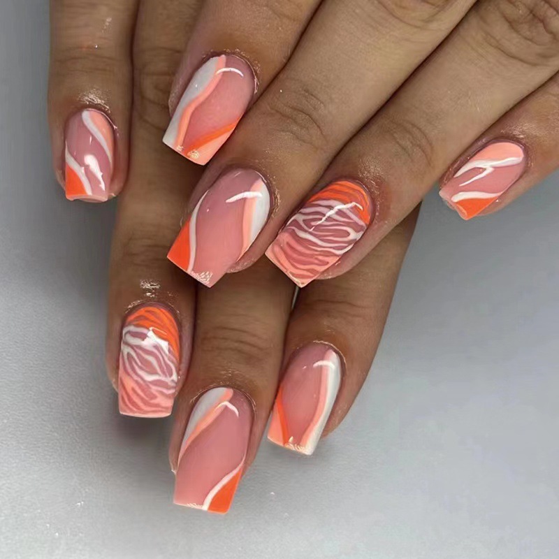 Short European and American square orange hill pattern nail art irregular corrugated fake nails finished nail nail pieces nails