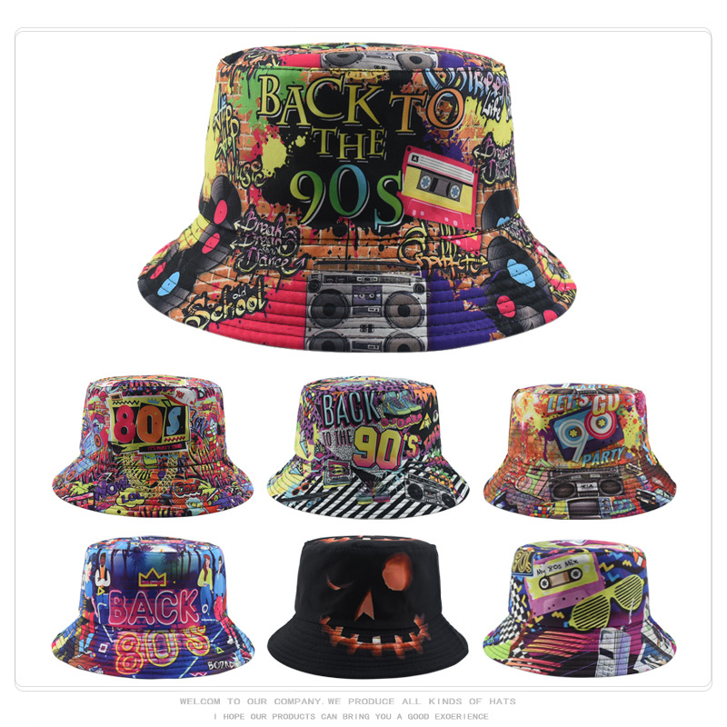 European and American Retro Nostalgic 80S 90S Tape Pattern Fisherman Hat Women's Double-Sided Spring and Summer Outdoor Sun Protection Hat for Men