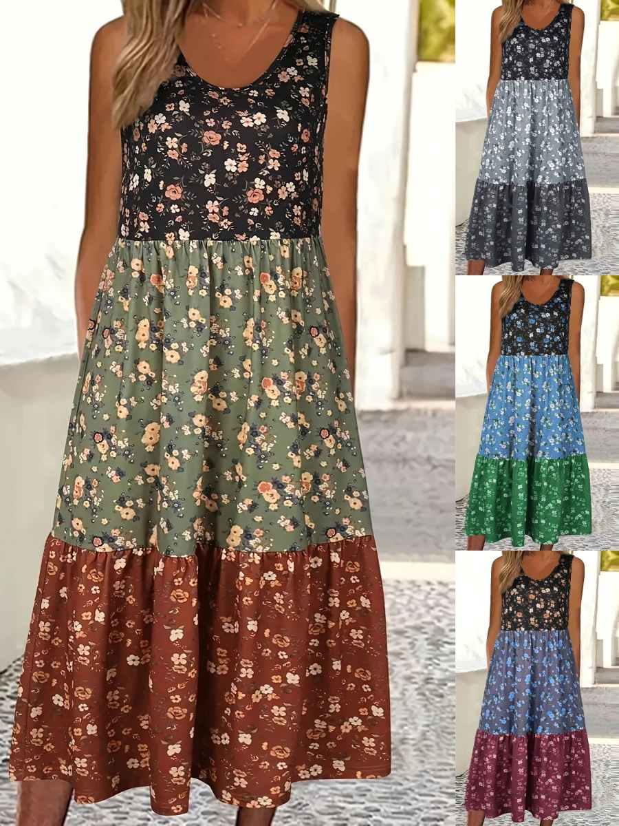 2025 New Cross-Border Export European and American Clothing Spring and Summer Sleeveless Floral Mid-Length Loose Waist Pocket Dress