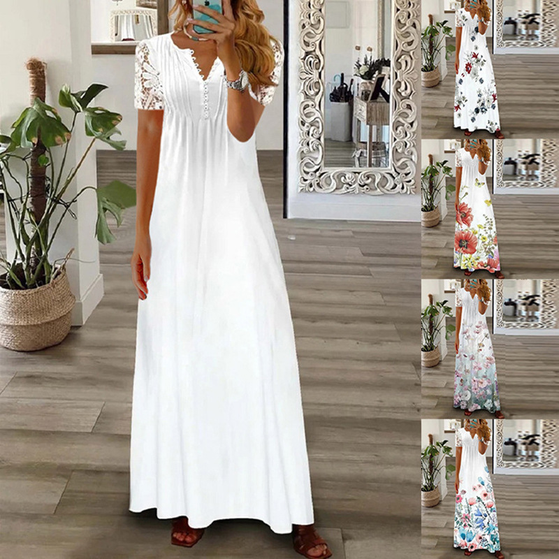 European and American Clothing Cross-Border Amazon 2025 New Skirt Fashionable Elegant Printed Lace Short-Sleeved Long Dress