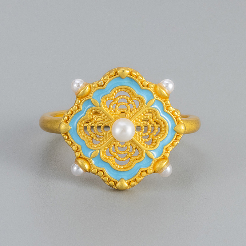New Chinese Filament Four Ruyi Pearl Ring Women's Niche Design Enamel Color Finger Ring 2025 New Finger Ring